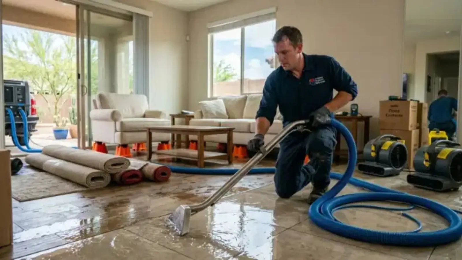 Technician extracting water from a living room with air movers running